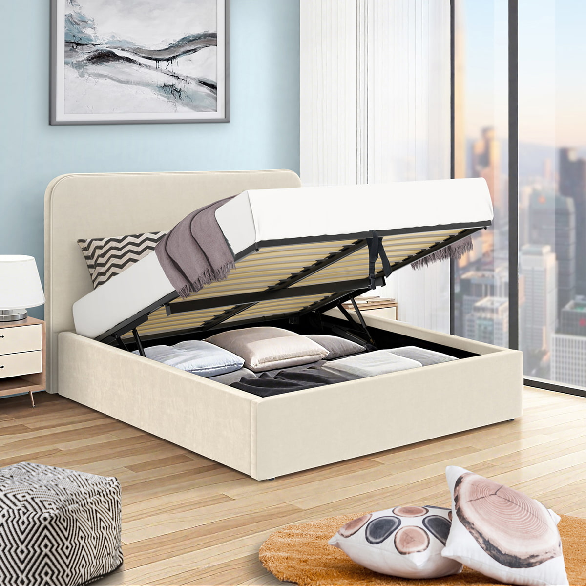 Vue d'ambiance du lit coffre 140x190 cm velours beige ANTON