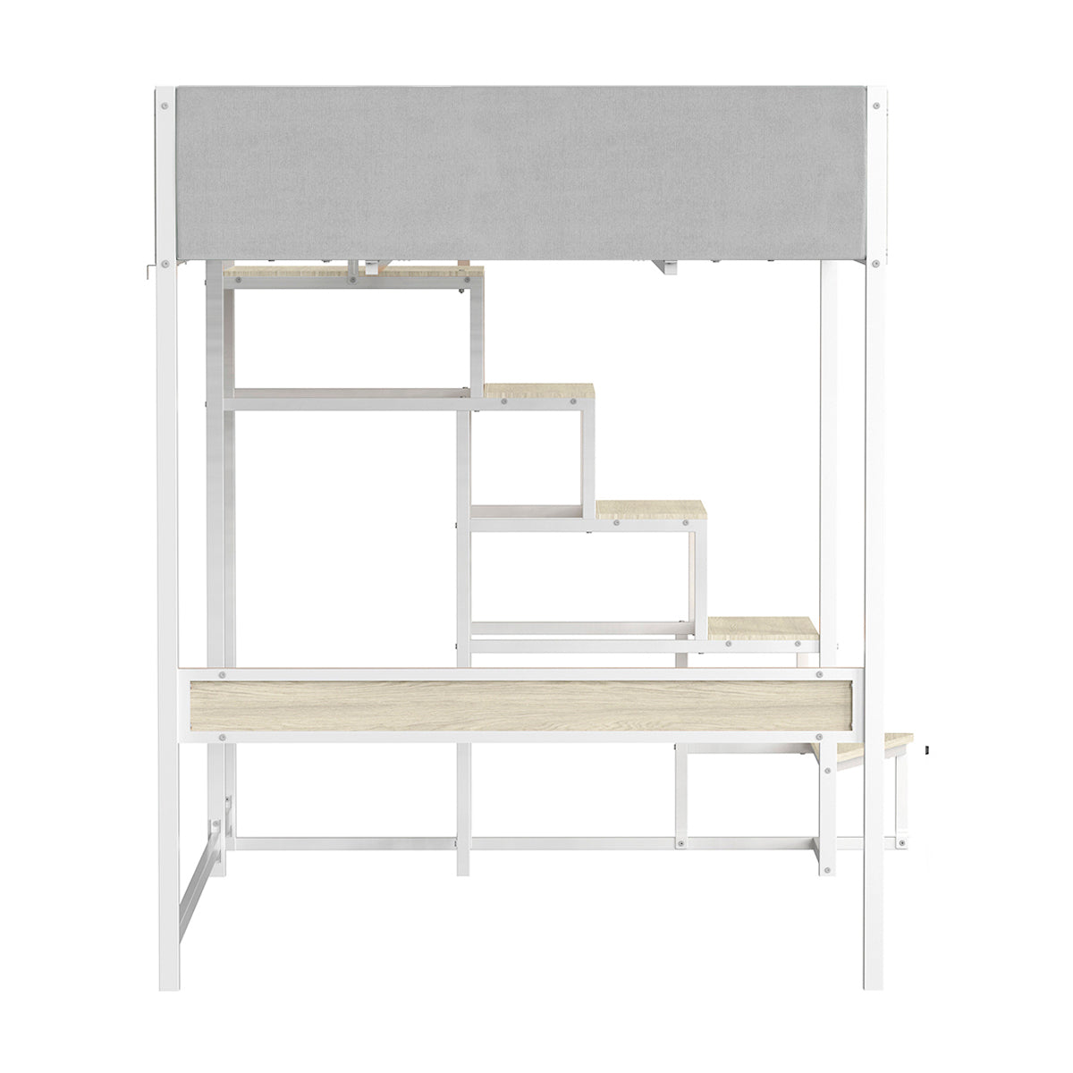 Vue de côté du lit mezzanine DOCKLAND avec escalier réversible 140x190 cm en métal blanc finition tissu gris clair et mélamine chêne