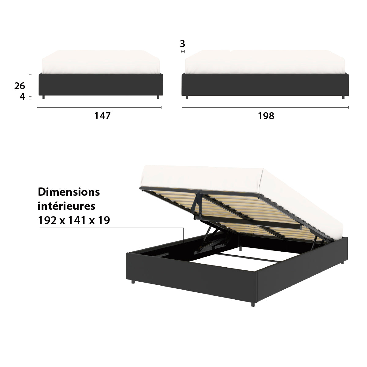 Détail des dimensions principales du lit plateforme LANCE 140x190 cm avec coffre de rangement en finition PU noire