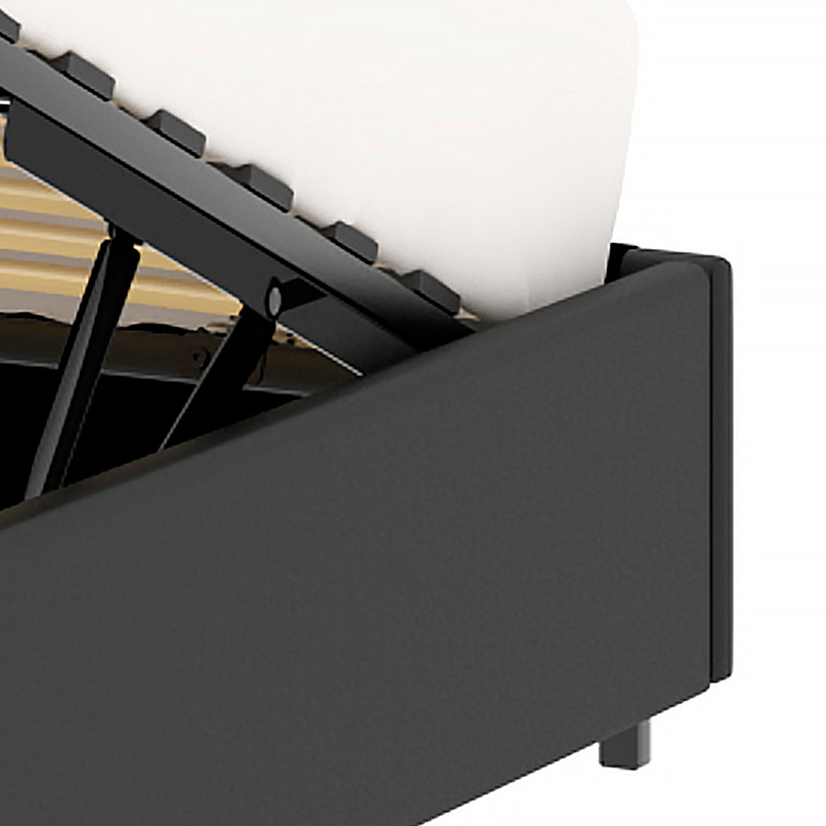 Détail du côté tête de lit du lit plateforme LANCE 140x190 cm avec coffre de rangement en finition PU noire