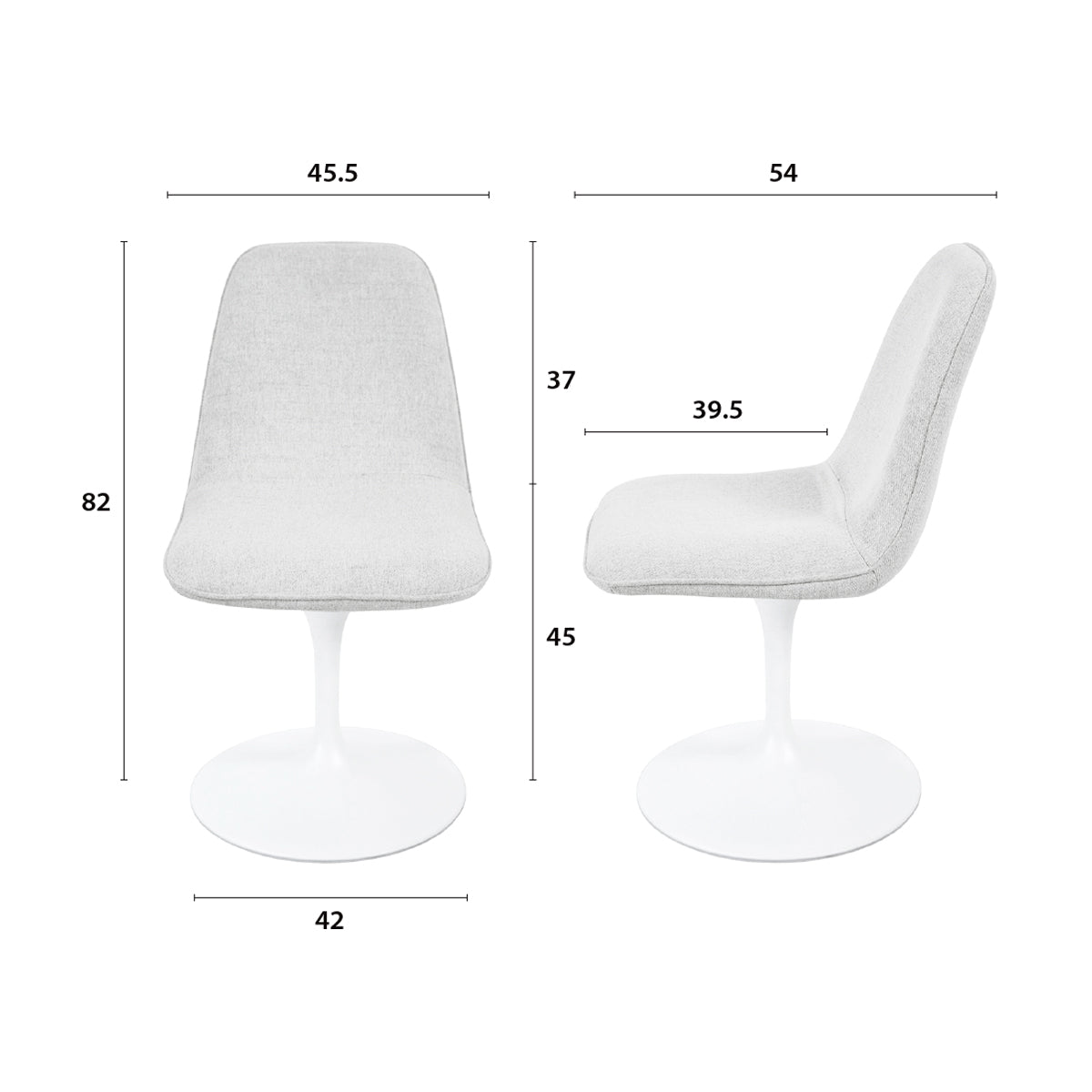 Détail des principales dimensions de la chaise LORA finition tissu blanc gris clair