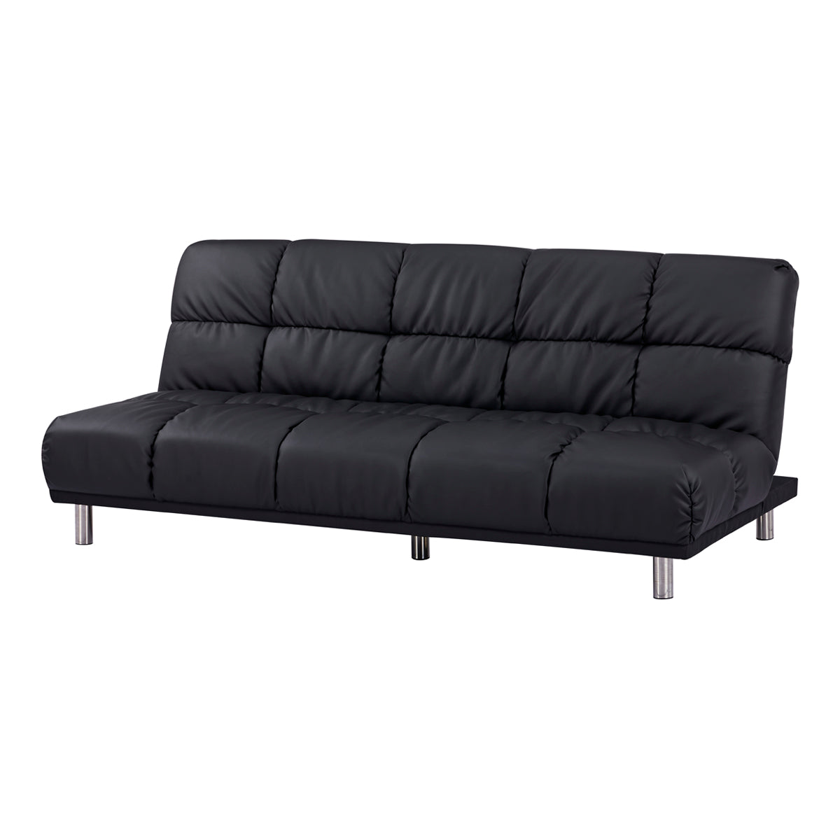 Canapé-lit clic-clac 3 places en simili cuir noir avec piétement en métal chromé, au design moderne et matelassage confortable, idéal pour un couchage d’appoint dans un salon ou un studio.