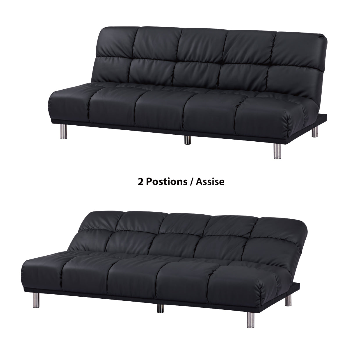 Vue de 2 positions d’assise du canapé-lit clic clac MELLOW 3 places en finition PU noire