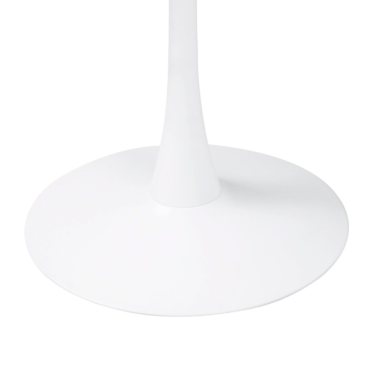 Détail du pied rond central en métal blanc de la table TULIPS