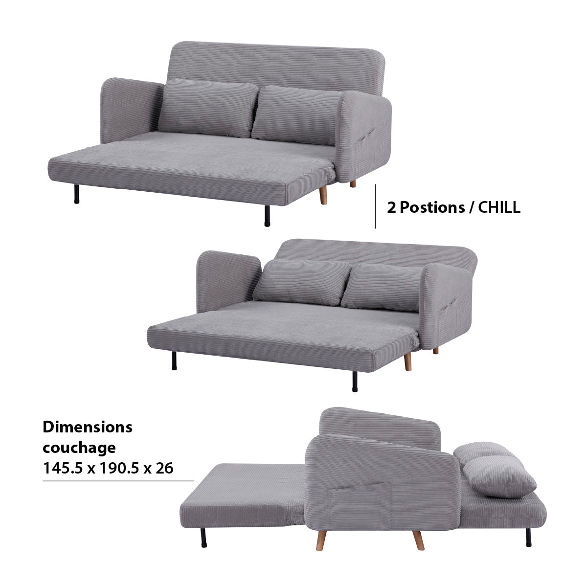 Différentes vues dépliées de fonctions couchages du canapé-lit BZ ARI en finition velours côtelé