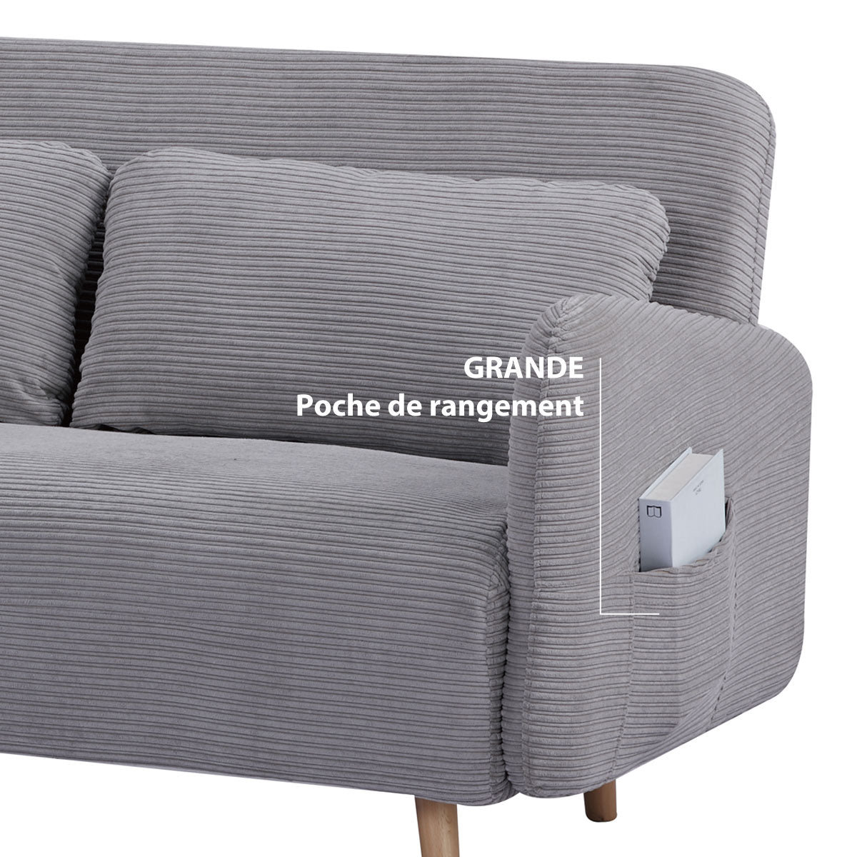 Détail de l’accoudoir du canapé-lit BZ ARI en finition velours côtelé