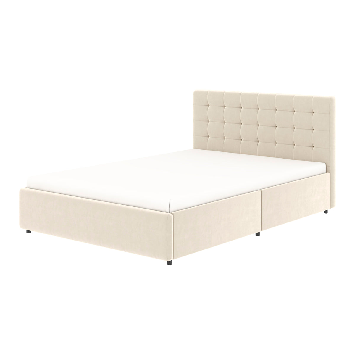 Vue de 3/4 du lit ELLIE 140x190 cm avec 4 tiroirs de rangements en finition velours beige - matelas non fourni