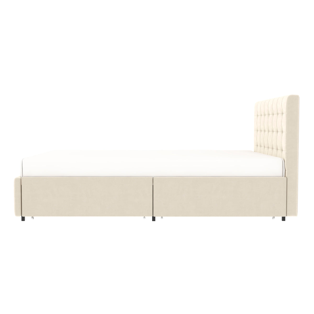 Vue de côté du lit ELLIE 140x190 cm avec 4 tiroirs de rangements en finition velours beige
