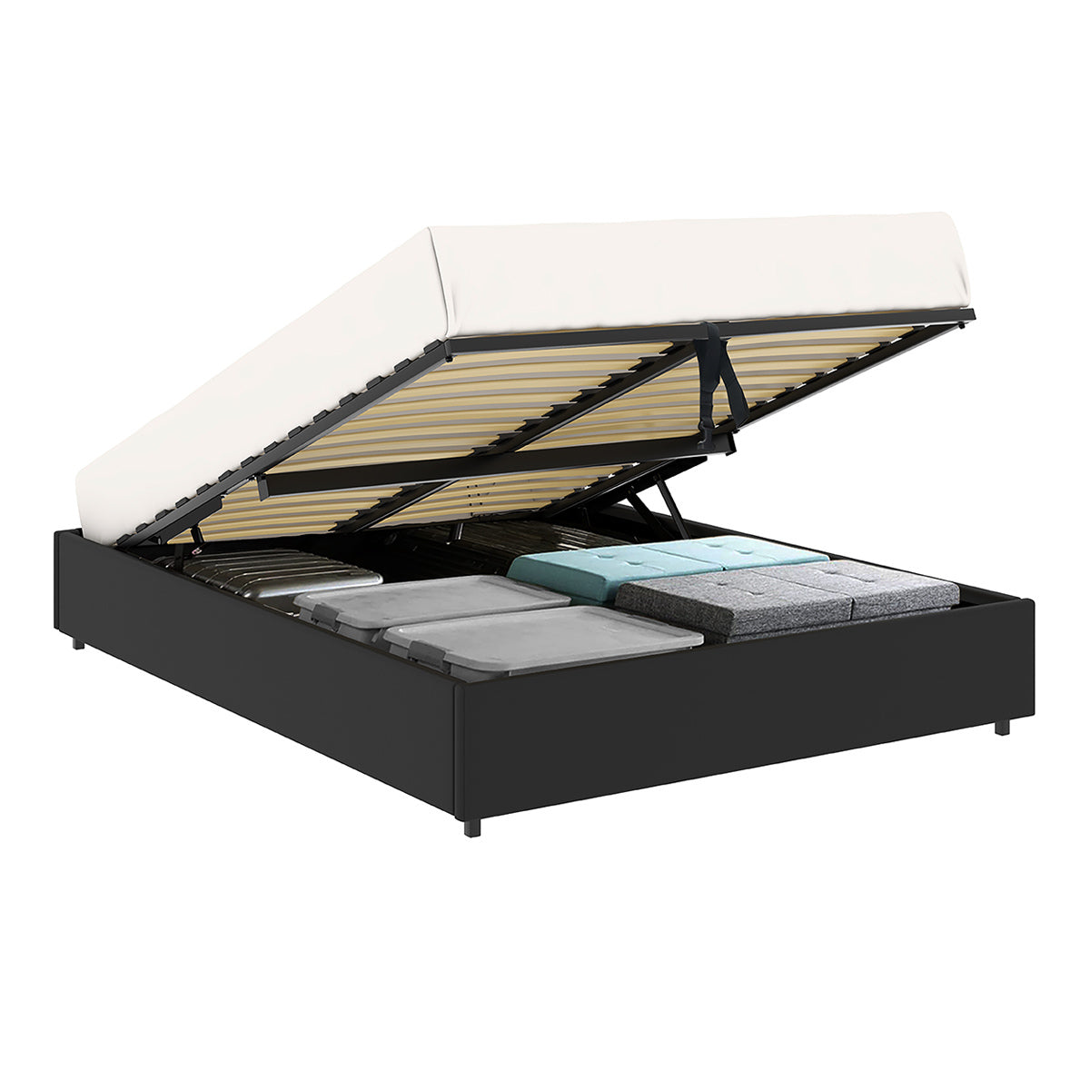 Vue d'ensemble du lit coffre plateforme 140x190 cm PU noir LANCE avec matelas (non fourni)