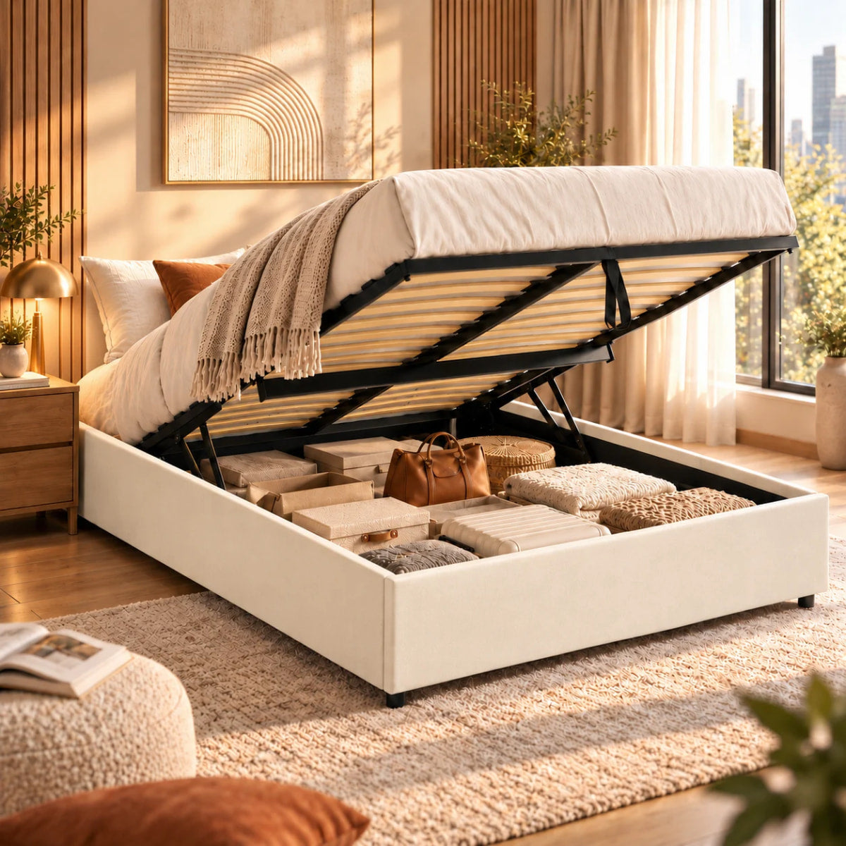 Vue lifestyle du sommier coffre LANCE tissu beige pour matelas 140x190 cm