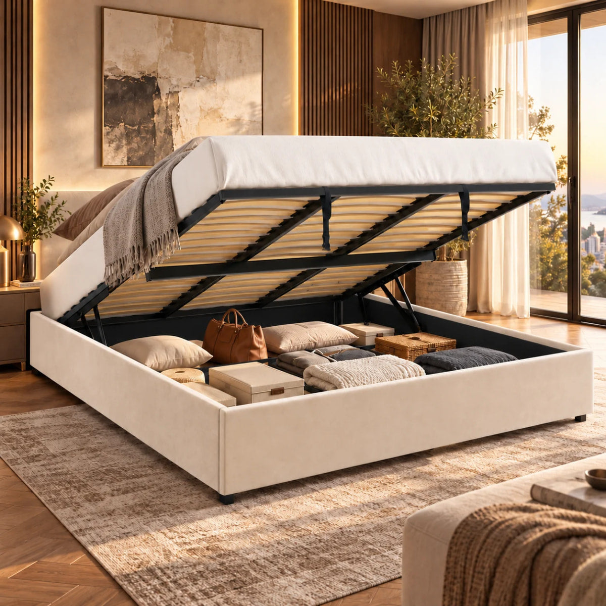 Vue lifestyle du sommier coffre LANCE tissu beige pour matelas 180x200 cm