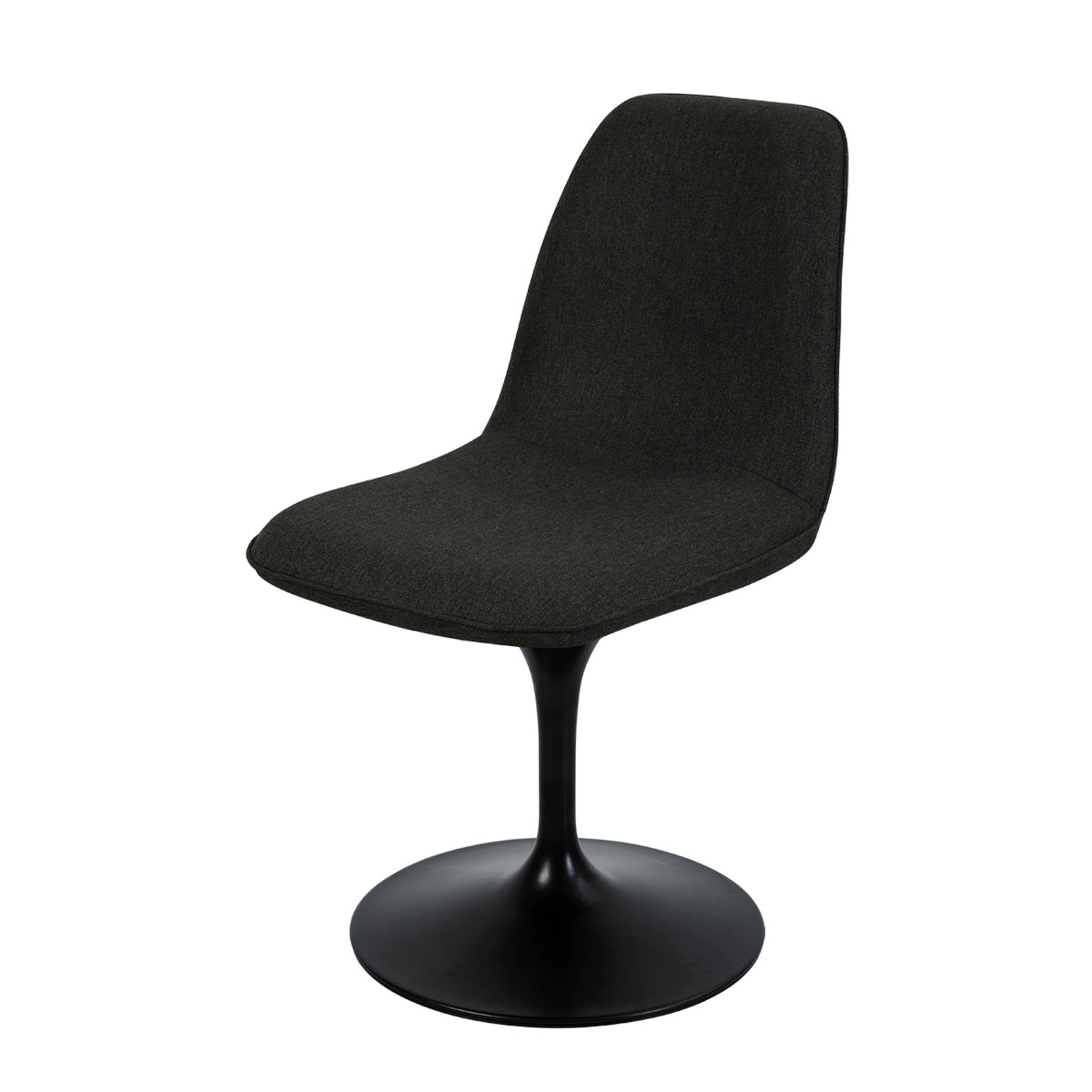 Chaise design pivotante noire avec pied central tulipe en métal noir et assise rembourrée en tissu anthracite, idéale pour une salle à manger contemporaine ou un bureau élégant.