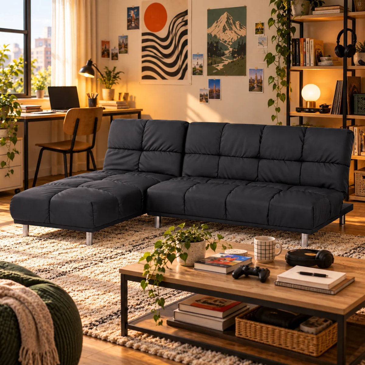 Vue lifestyle de la banquette + meridienne reversible gauche-droite clic clac MELLOW en finition PU noir