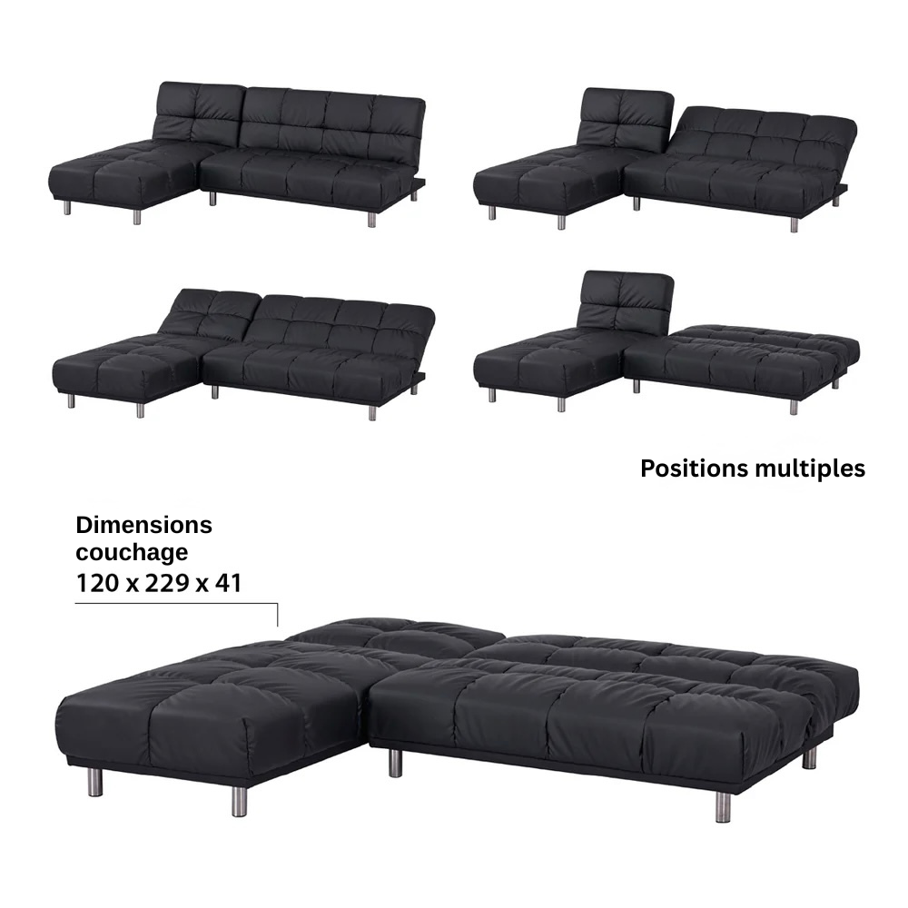 Sofá-cama clic-clac de canto 2 lugares com chaise reversível esquerda/direita, cama extra 120 x 229 cm em PU preto – MELLOW