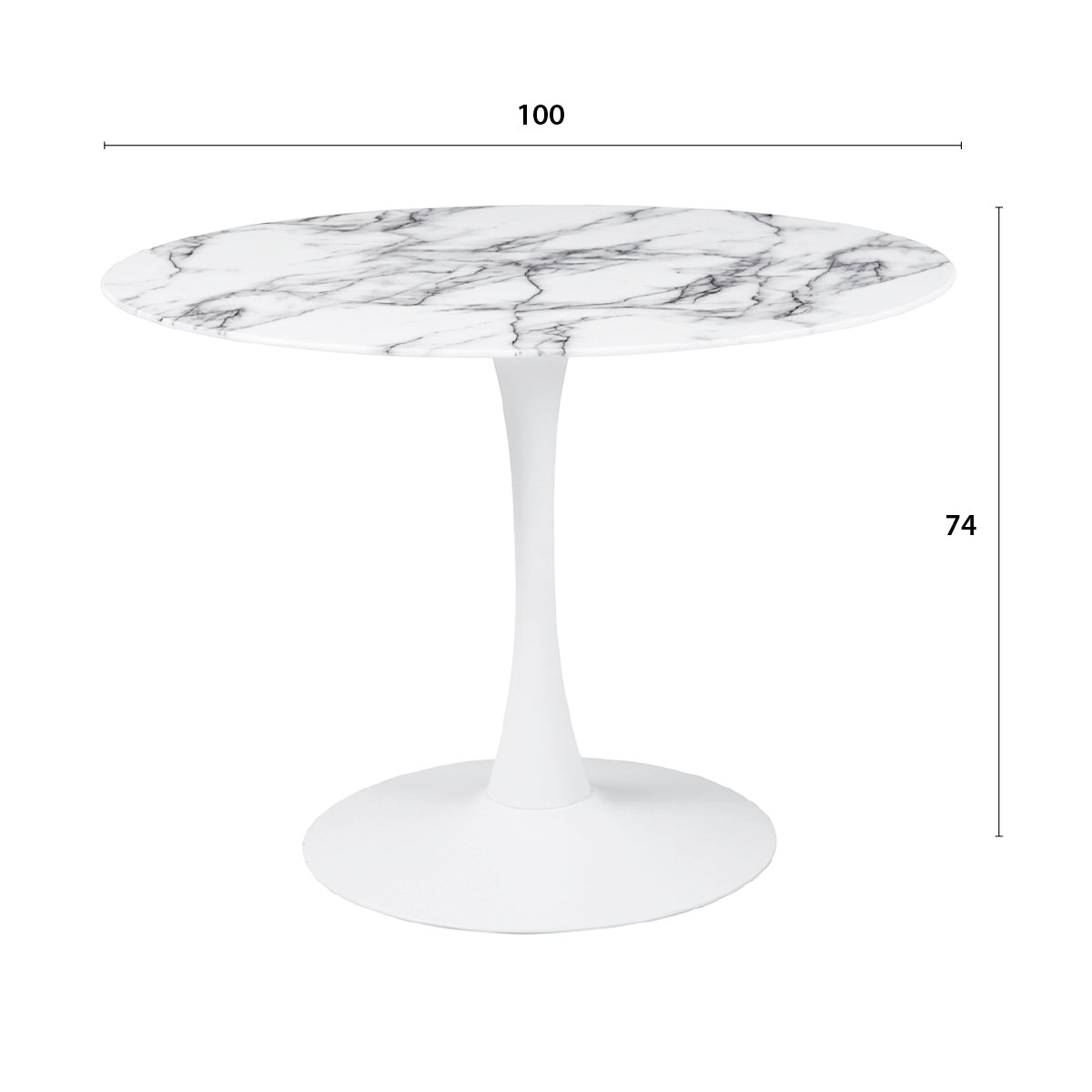 Détail des principales dimensions de la table TULIPS en finition verre effet marbre et métal blanc