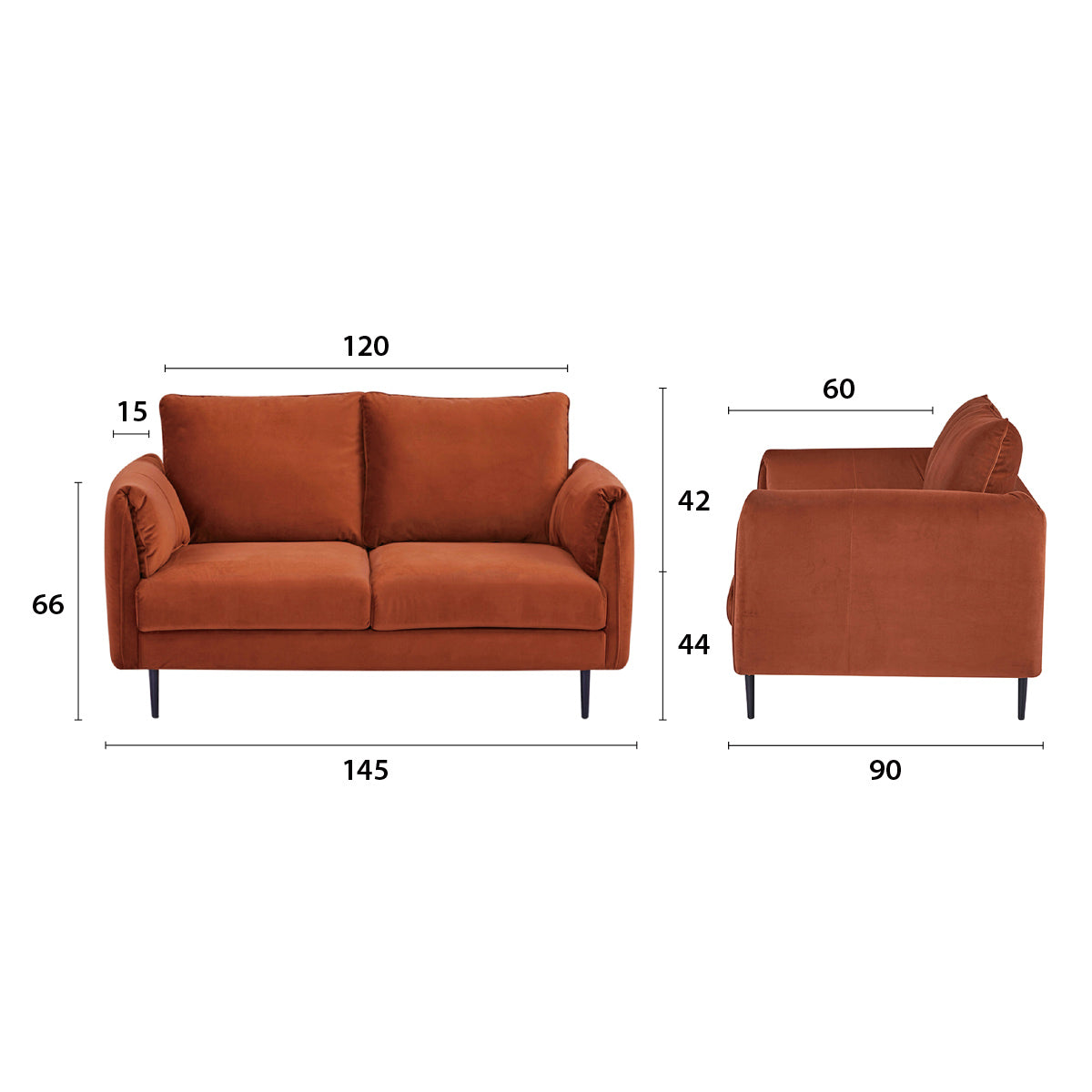 Détail des principales dimensions du canapé 2 places YORK en finition velours terracotta